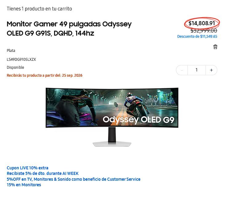 Monitor Gamer 49 pulgadas Odyssey OLED G9 G91S, DQHD, 144hz