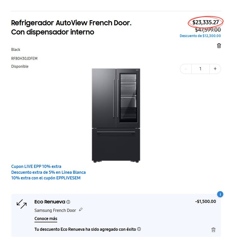 Refrigerador AutoView French Door. Con dispensador interno negro