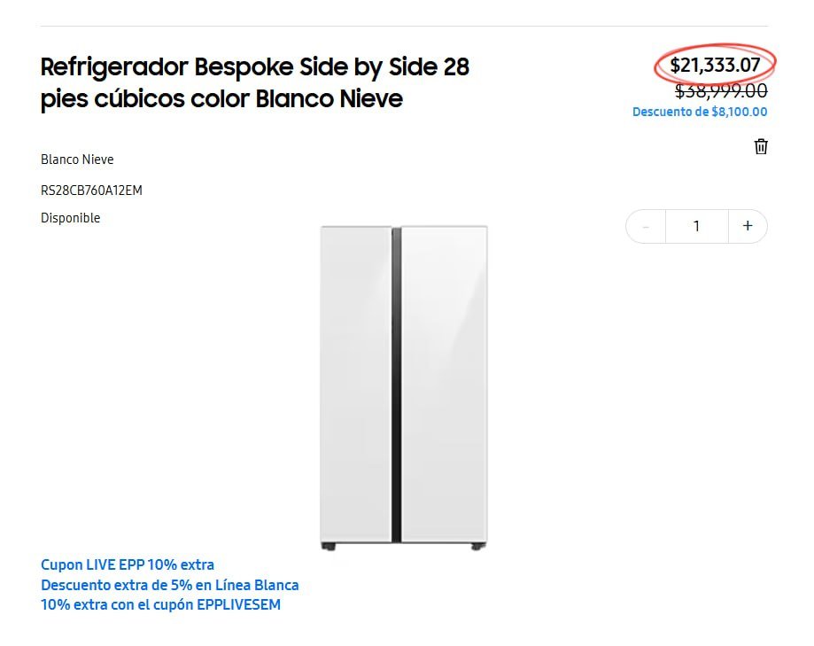 Refrigerador Bespoke Side by Side 28 pies cúbicos color Blanco Nieve