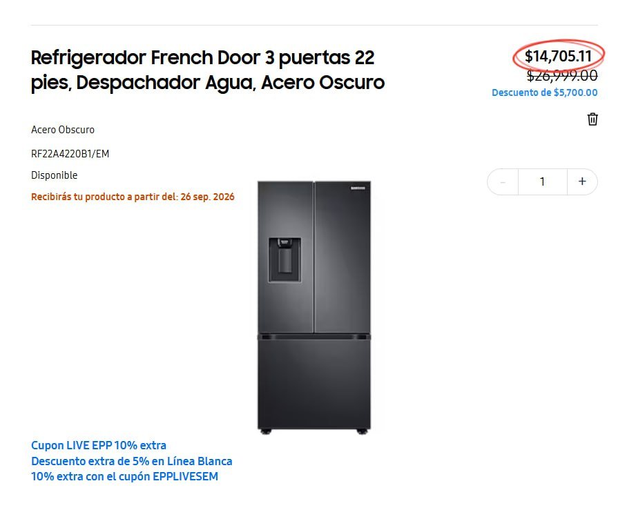 Refrigerador French Door 3 puertas 22 pies, Despachador Agua, Acero Oscuro
