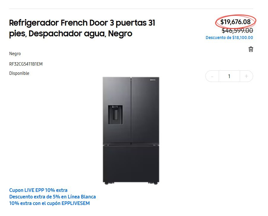 Refrigerador French Door 3 puertas 31 pies, Despachador agua, Negro