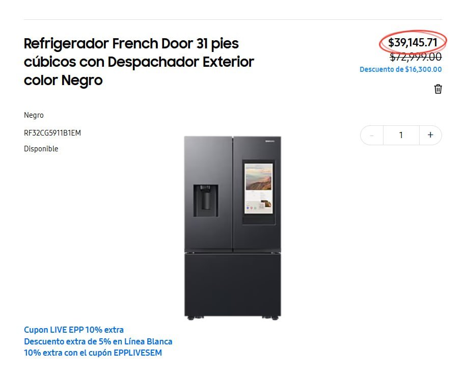 Refrigerador French Door 31 pies cúbicos con Despachador Exterior color Negro