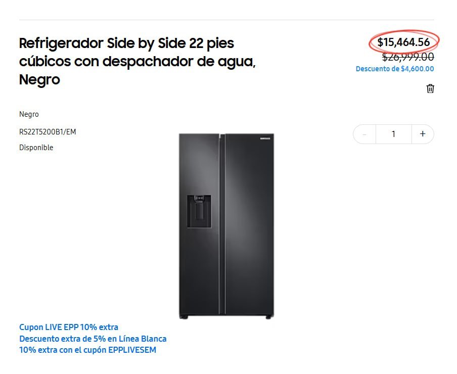 Refrigerador Side by Side 22 pies cúbicos con despachador de agua, Negro