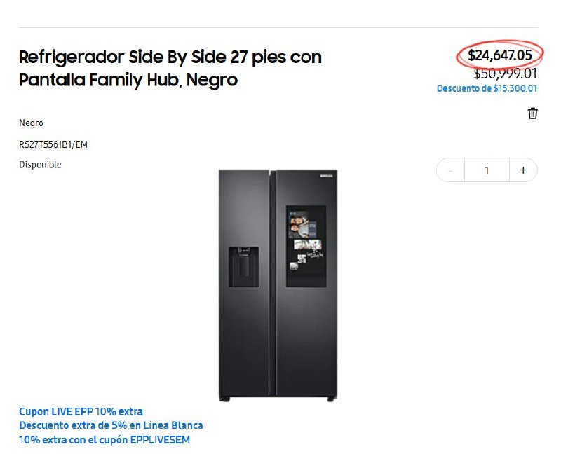 Refrigerador Side By Side 27 pies con Pantalla Family Hub, Negro