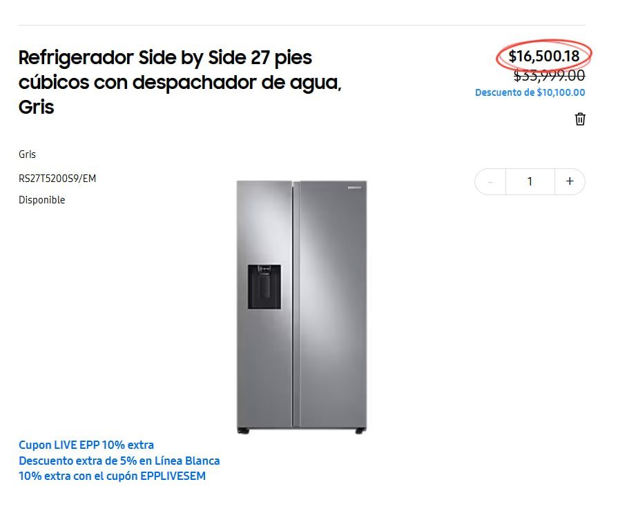 Refrigerador Side by Side 27 pies cúbicos con despachador de agua, Gris