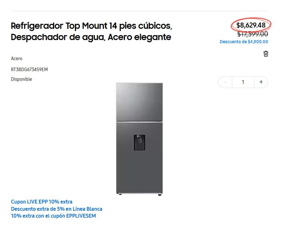 Refrigerador Top Mount 14 pies cúbicos, Despachador de agua, Acero elegante