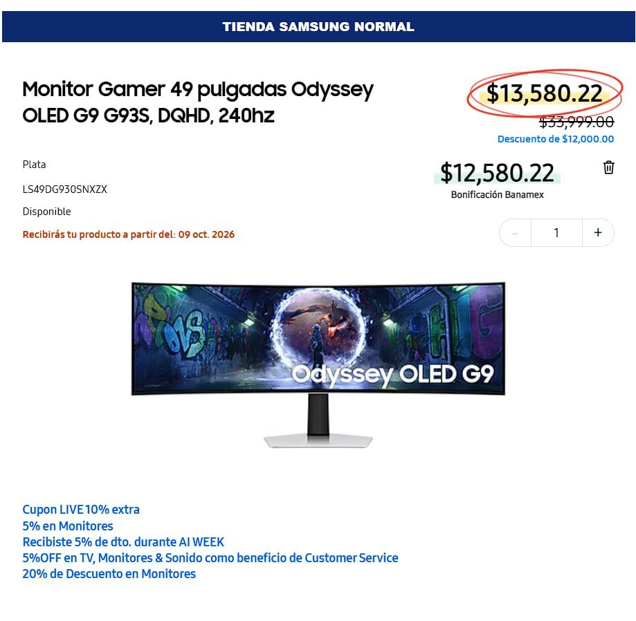 Monitor Gamer 49 pulgadas Odyssey OLED G9 G93S, DQHD, 240hz
